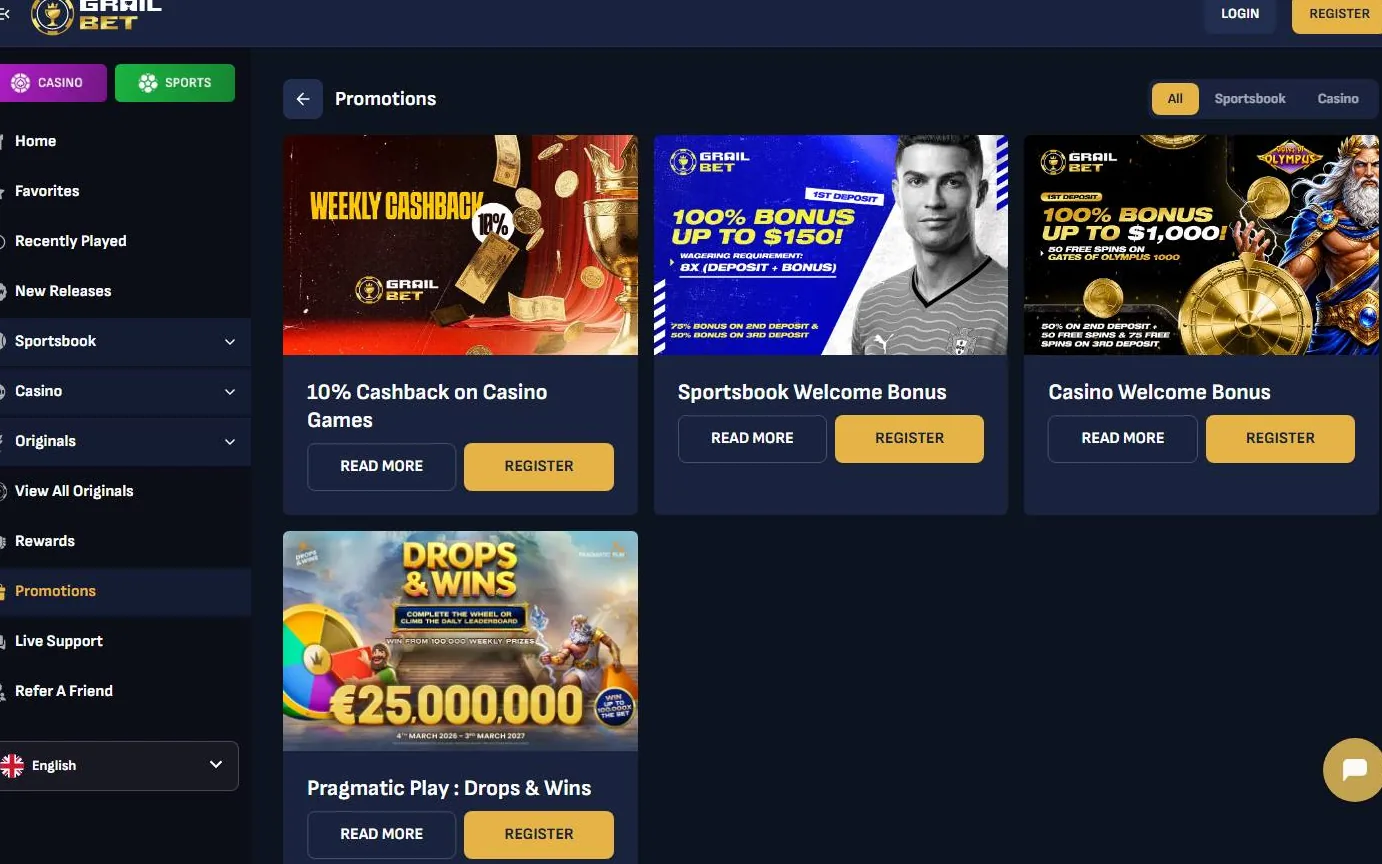 Grailbet Casino — skærmbillede