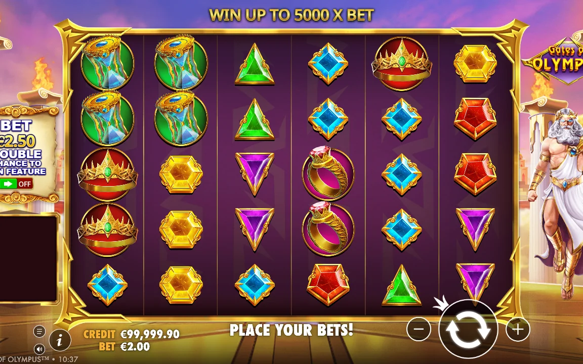 Gates of Olympus grundspil med seks hjul og PLACE YOUR BETS