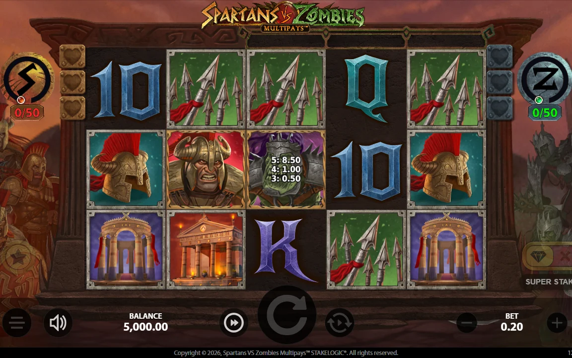 Grundspil i Spartans vs Zombies med Z-samler og Super Stake