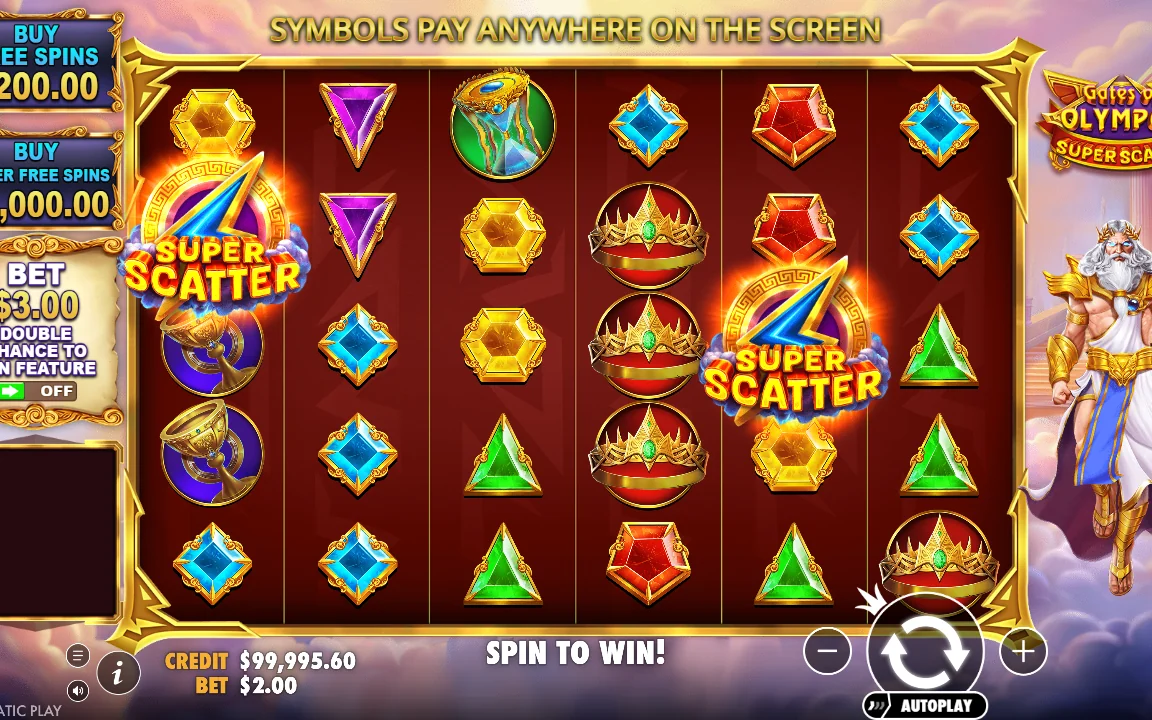 Grundspil i Gates of Olympus Super Scatter med to Super Scatter-symboler