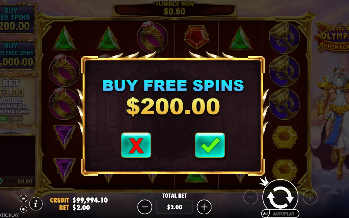 Bekræftelsesvindue for køb af free spins til 200,00 USD