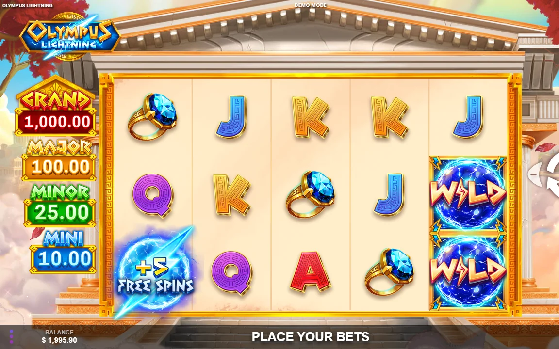 Lightning Bolt-symbol med +5 FREE SPINS på hjulene i Olympus Lightning