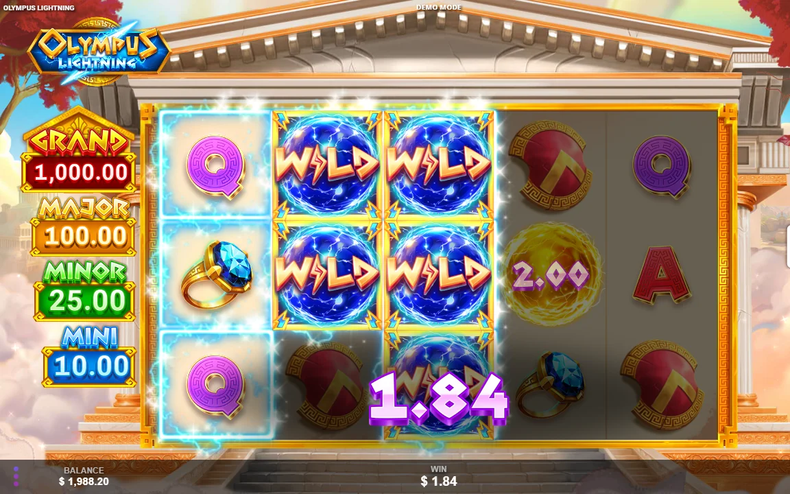 Gevinst på 1,84 USD fra en blok med fire wilds i Olympus Lightning