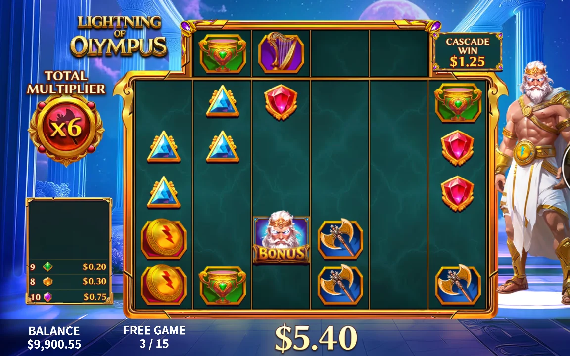 Free games i Lightning of Olympus med Total Multiplier x6 og 5,40 USD i gevinst