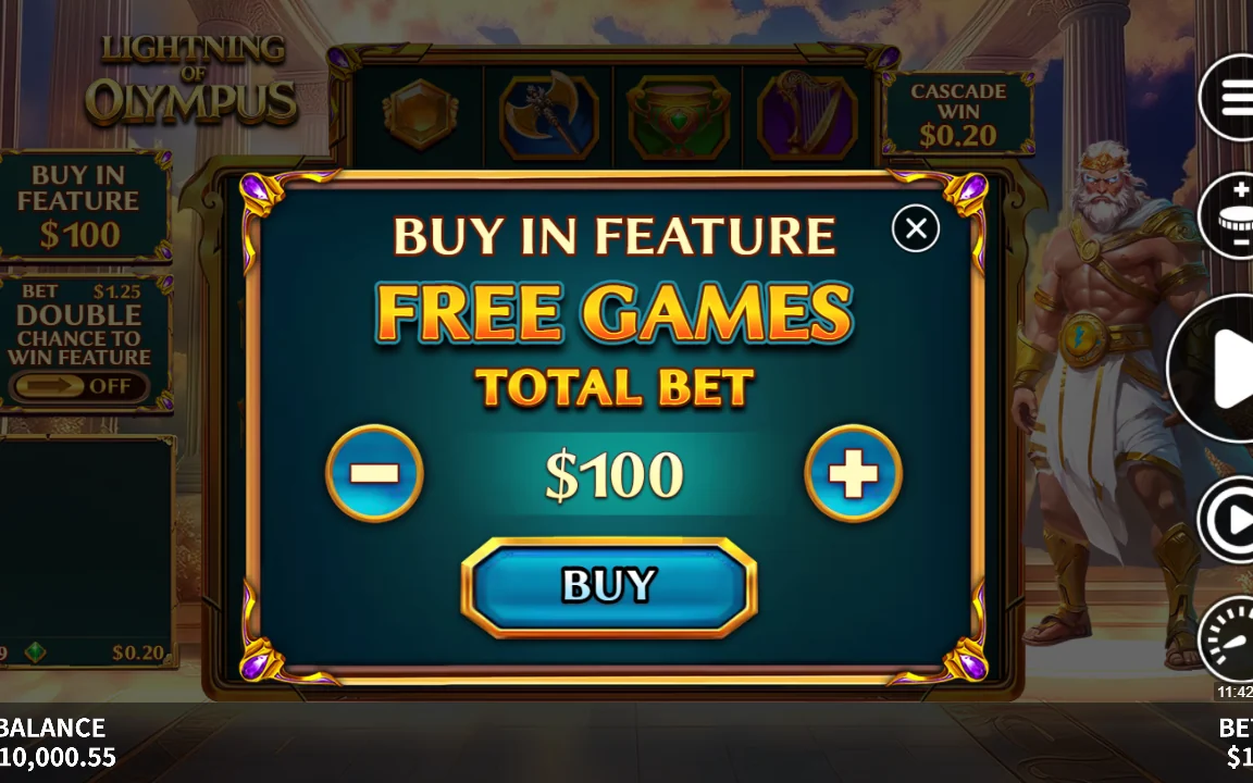Buy In Feature-vinduet til 100 USD i Lightning of Olympus