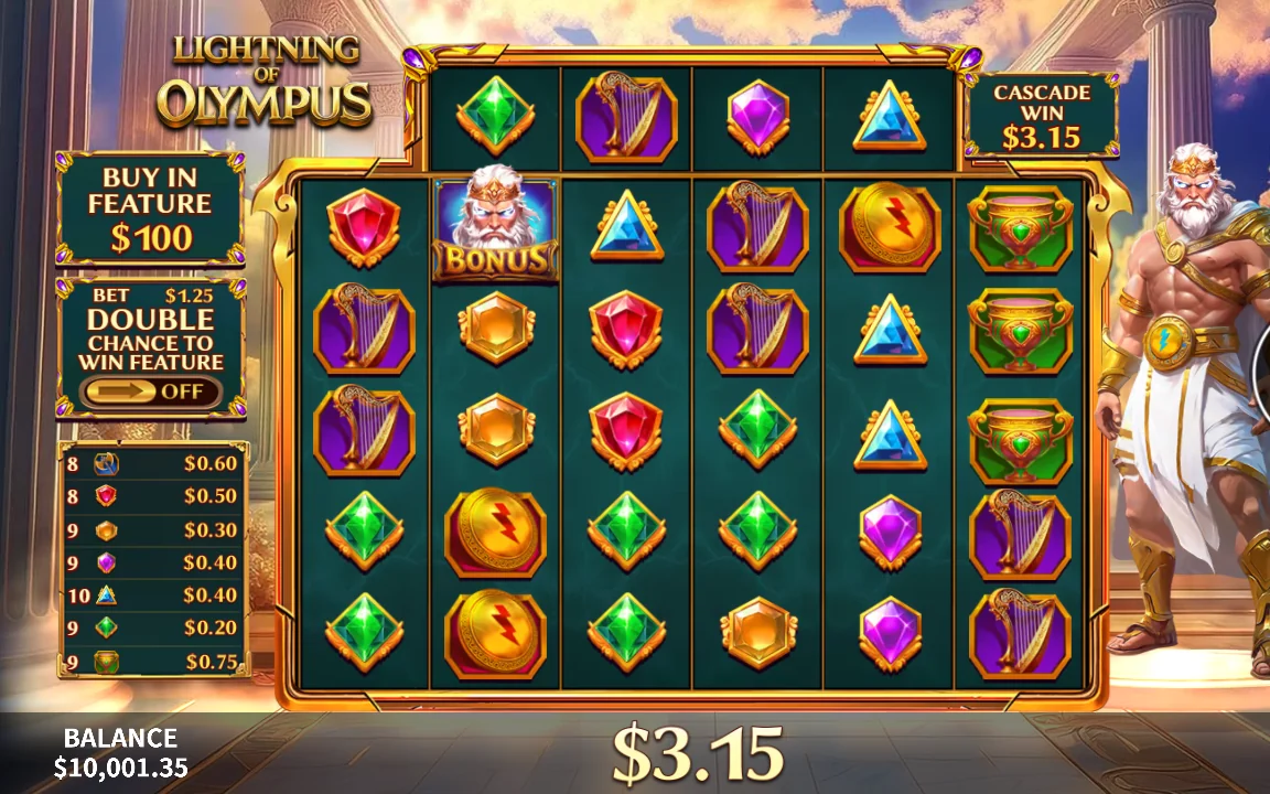 Cascade-gevinst på 3,15 USD med udbetalingskolonne i Lightning of Olympus