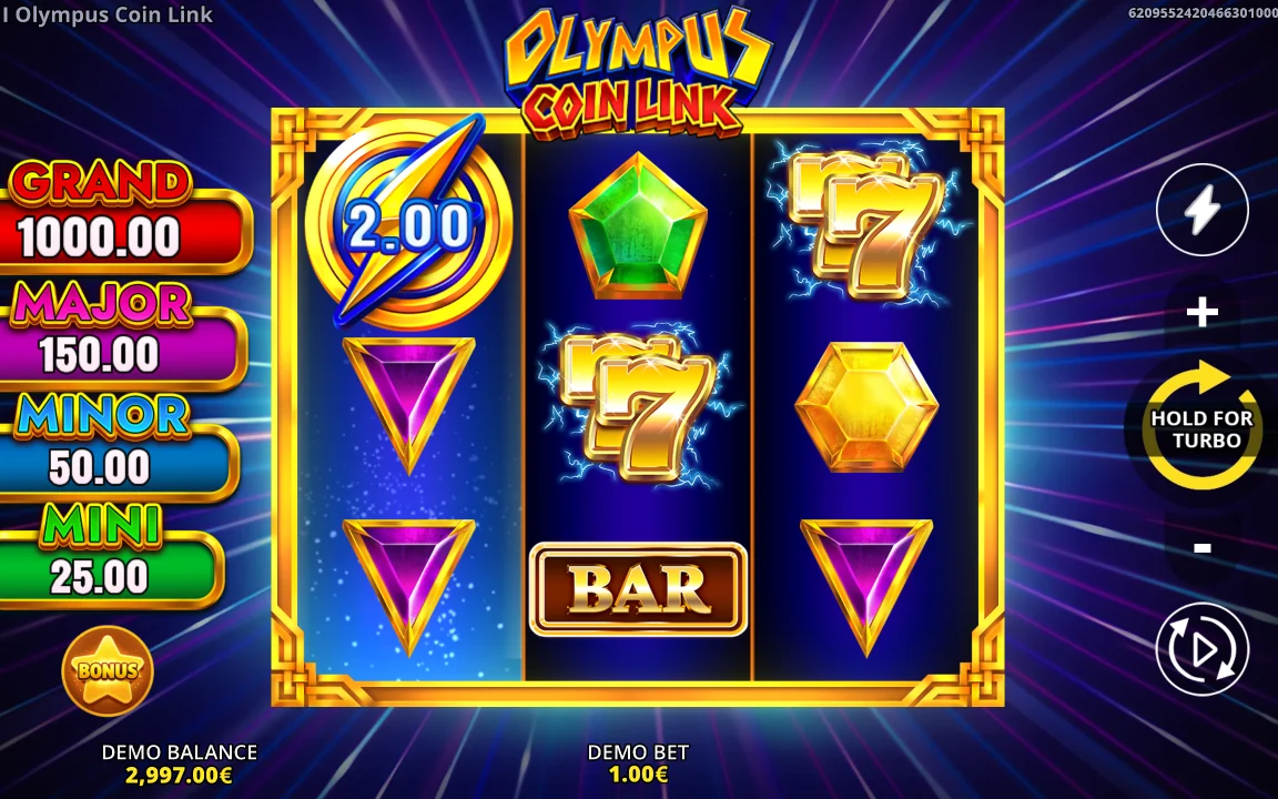 Grundspillet i Olympus Coin Link med jackpotstigen GRAND 1000,00, MAJOR 150,00, MINOR 50,00 og MINI 25,00