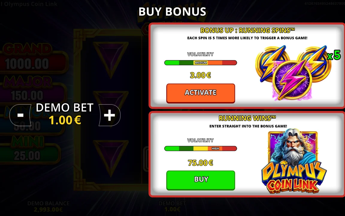 Buy Bonus-menuen i Olympus Coin Link med priserne 3,00 € og 75,00 €