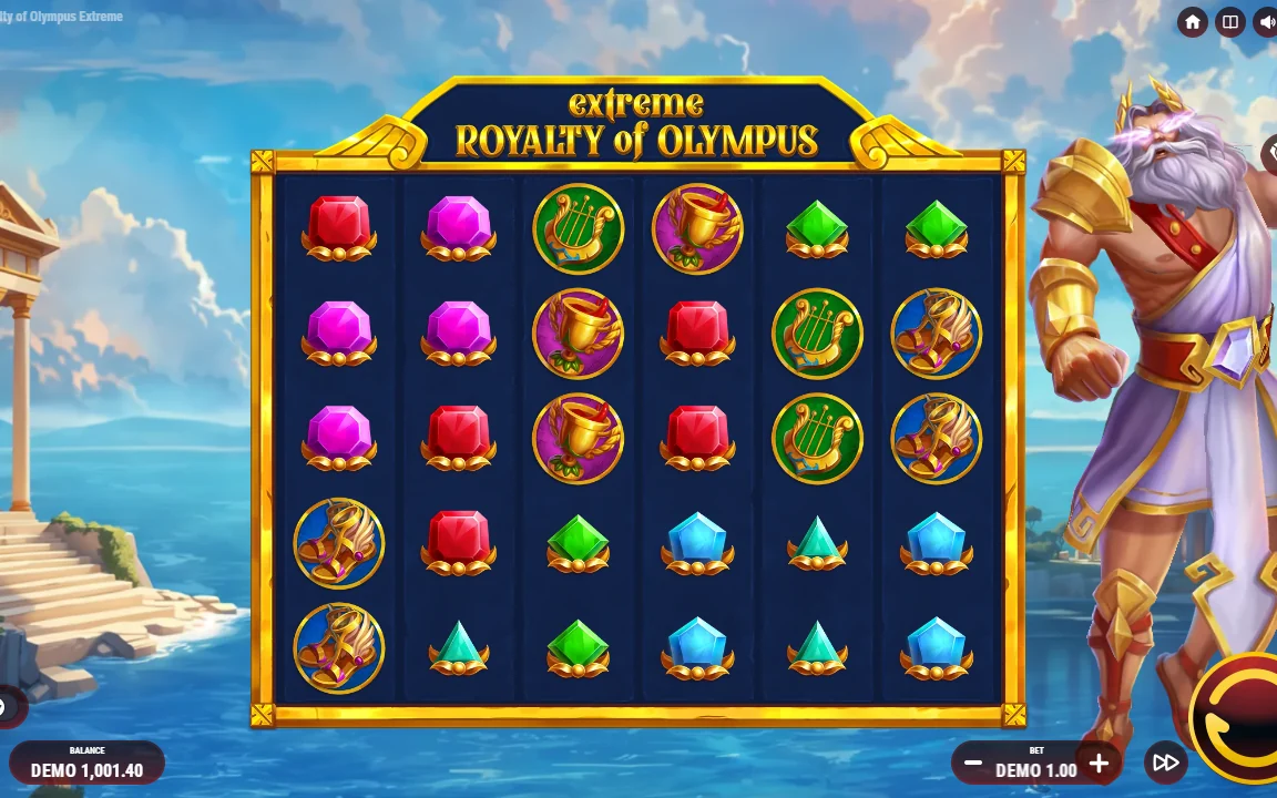 Basisspillet i Extreme Royalty of Olympus med Zeus ved siden af hjulene