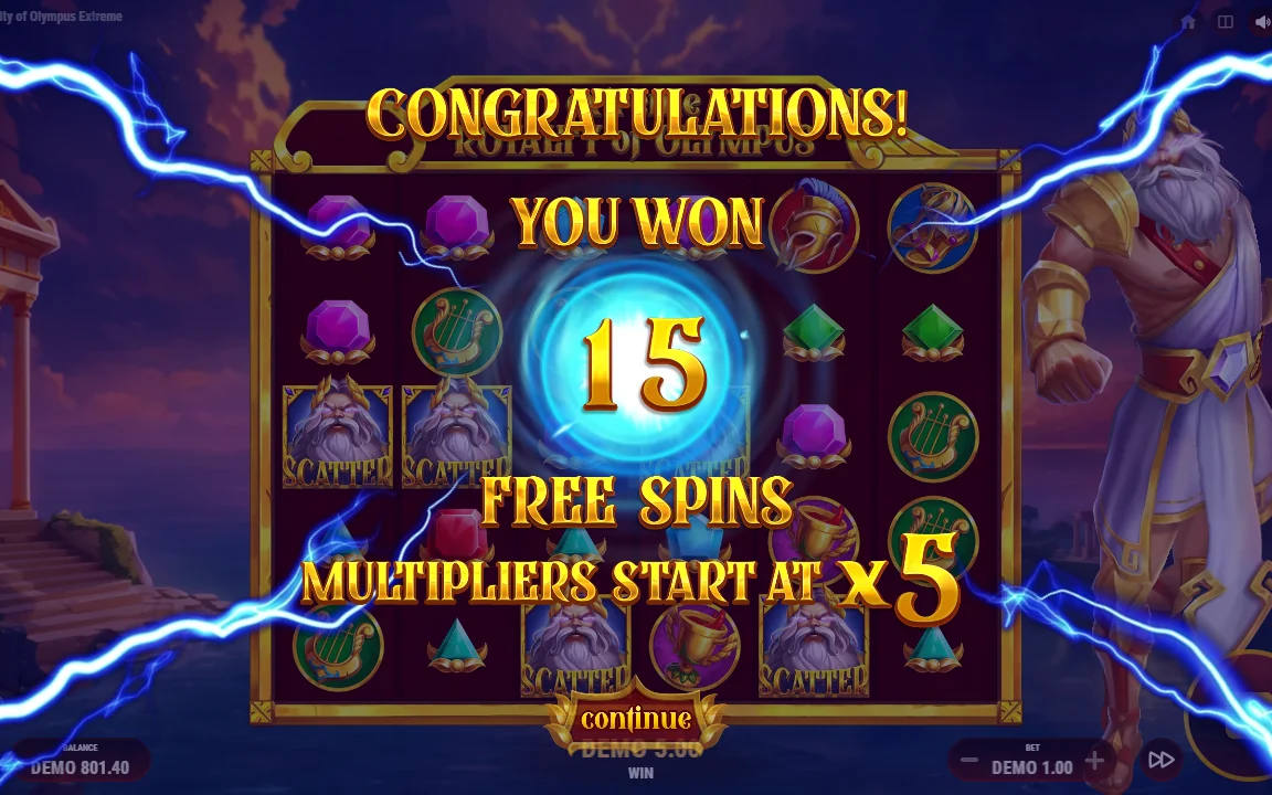 Kvitteringsskærm for købte free spins i Extreme Royalty of Olympus