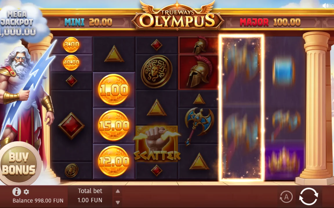 Olympus Trueways basisspil med møntsymboler og jackpotpanel