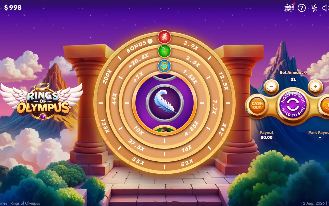 Startskærmen i Rings of Olympus med de fire multiplikator-ringe