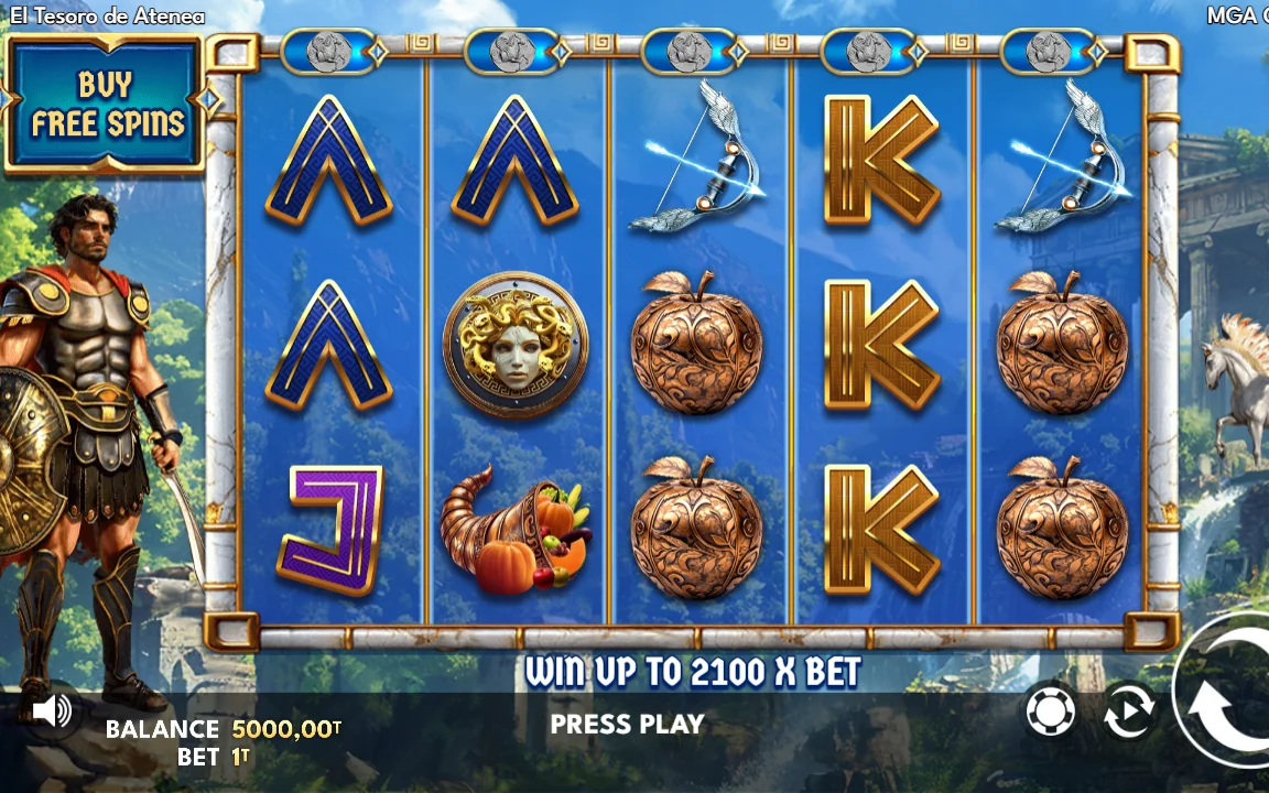 Grundspil i Athena's Treasure med Perseus, Medusa-scatter og max-win-tavle