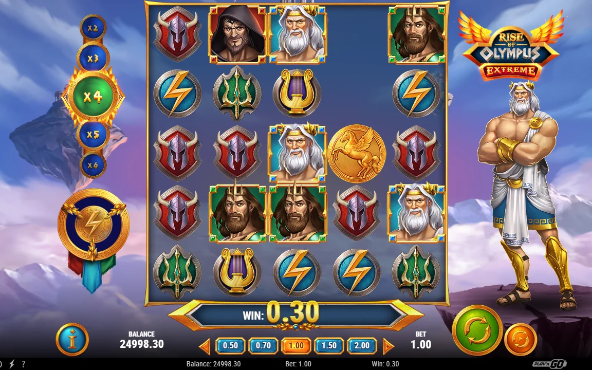 Grundspillet i Rise of Olympus Extreme med multiplikatorstigen x3, x4 og x5 til venstre