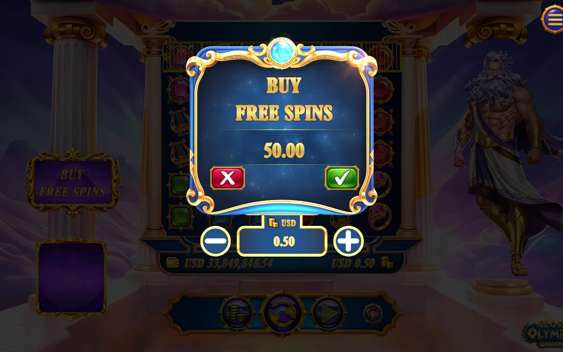 Købsvinduet for free spins i Glory of Olympus