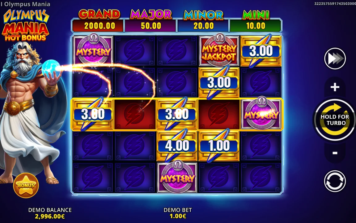 Grundspillet i Olympus Mania Hot Bonus med jackpotstigen GRAND 2000,00, MAJOR 50,00, MINOR 20,00 og MINI 10,00