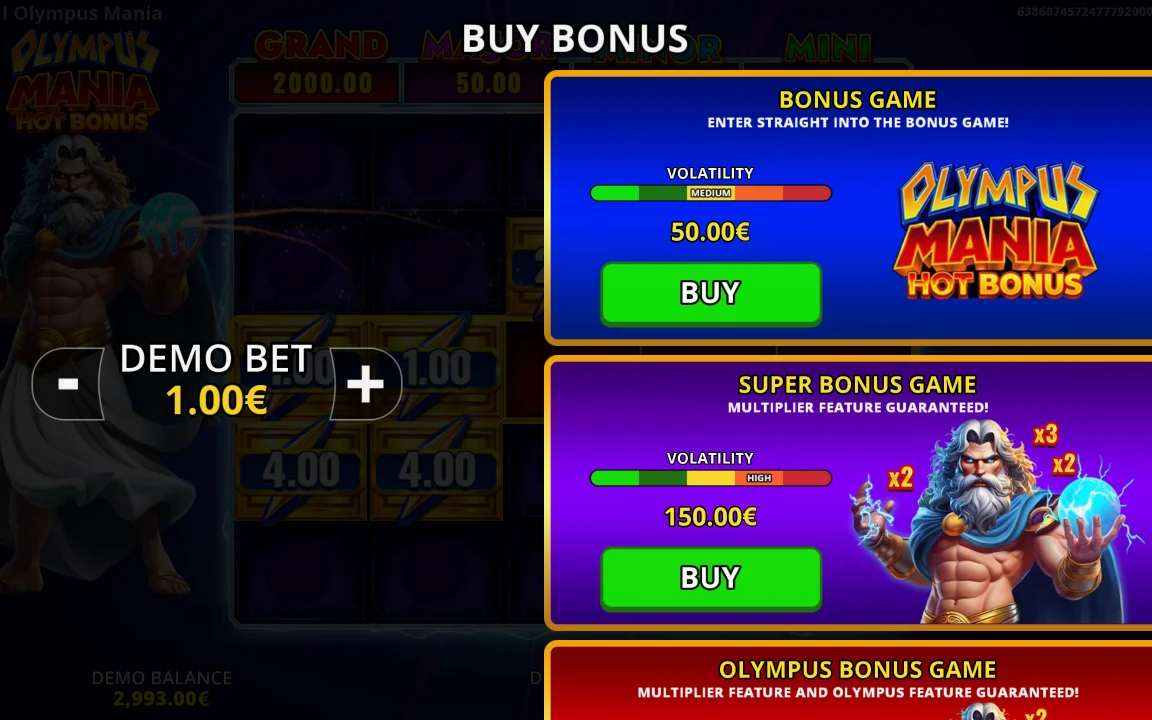 Buy Bonus-menuen i Olympus Mania Hot Bonus med priserne 50,00 € og 150,00 €