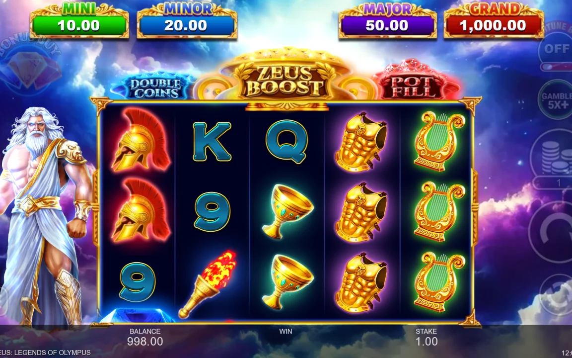 Basisspil i Zeus: Legends of Olympus med jackpot-stigen over hjulene