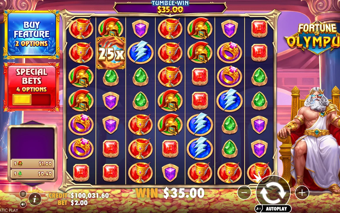 Grundspil i Fortune of Olympus med en 25x-kugle og gevinst på 35,00 USD