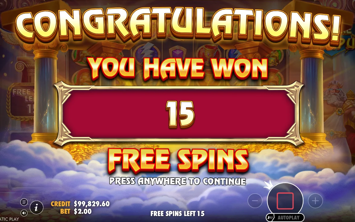 Femten free spins tildelt efter købet
