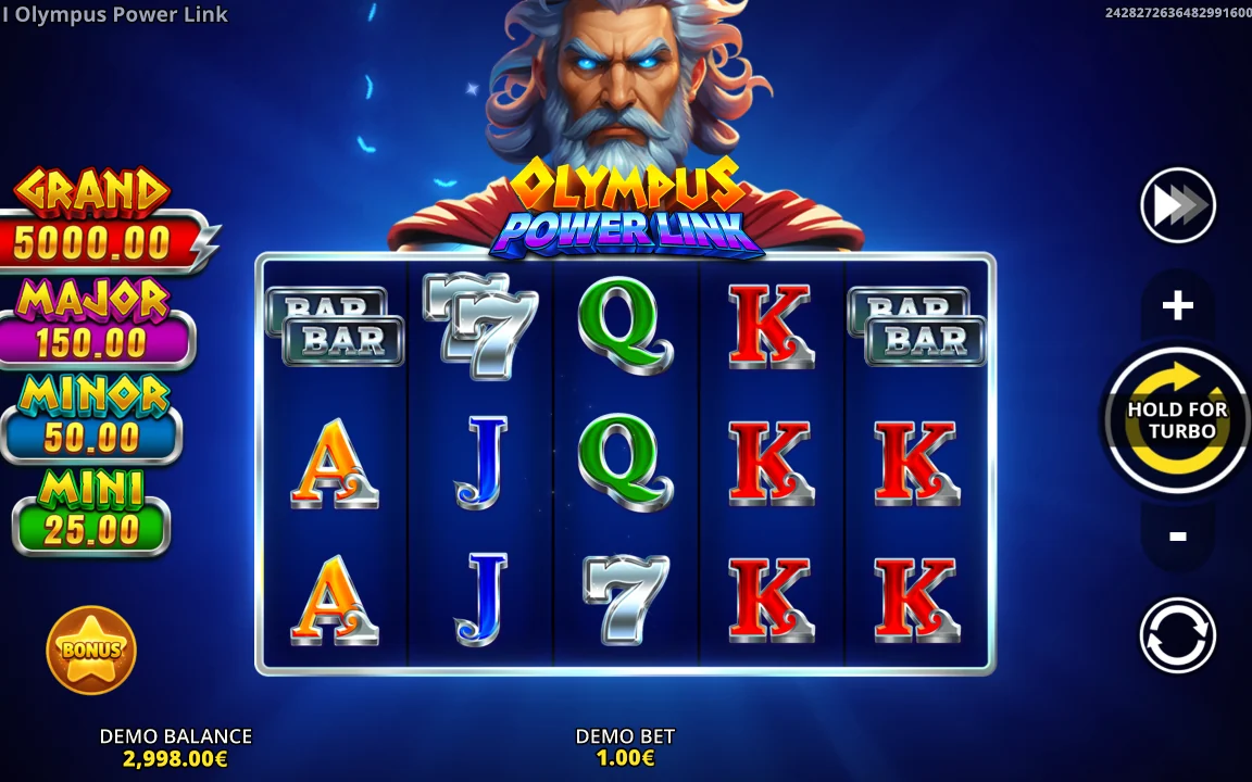 Grundspillet i Olympus Power Link med jackpotstigen GRAND 5000,00, MAJOR 150,00, MINOR 50,00 og MINI 25,00