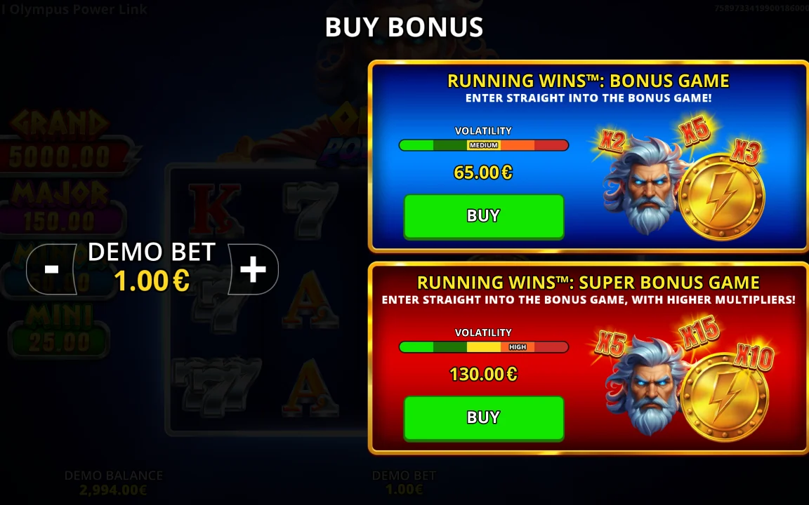 Buy Bonus-menuen i Olympus Power Link med priserne 65,00 € og 130,00 €