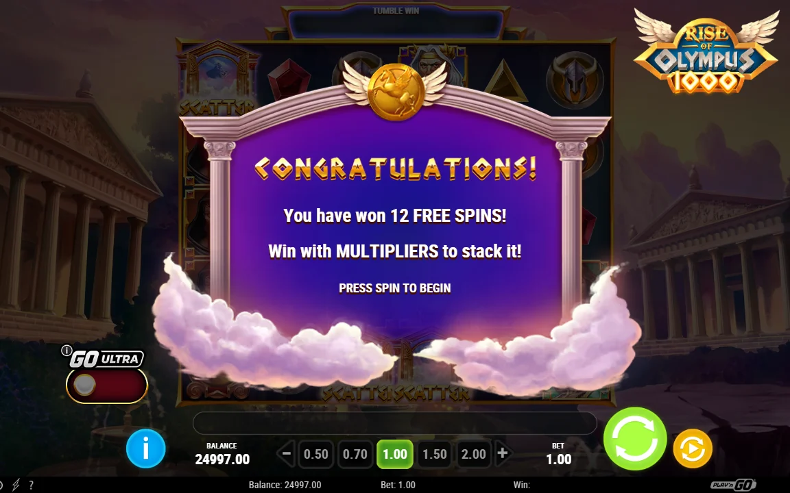Rise of Olympus 1000 tildeler 12 free spins