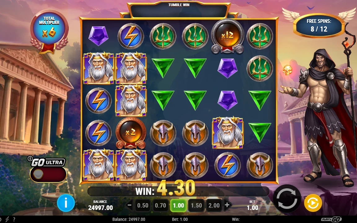 Free spin i Rise of Olympus 1000 med TOTAL MULTIPLIER x6 og en gevinst på 4,30