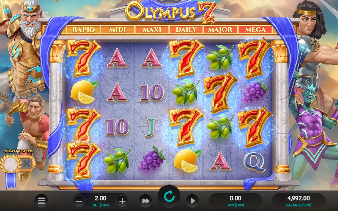 Basisspil i Olympus 7s med jackpot-navnene over hjulene