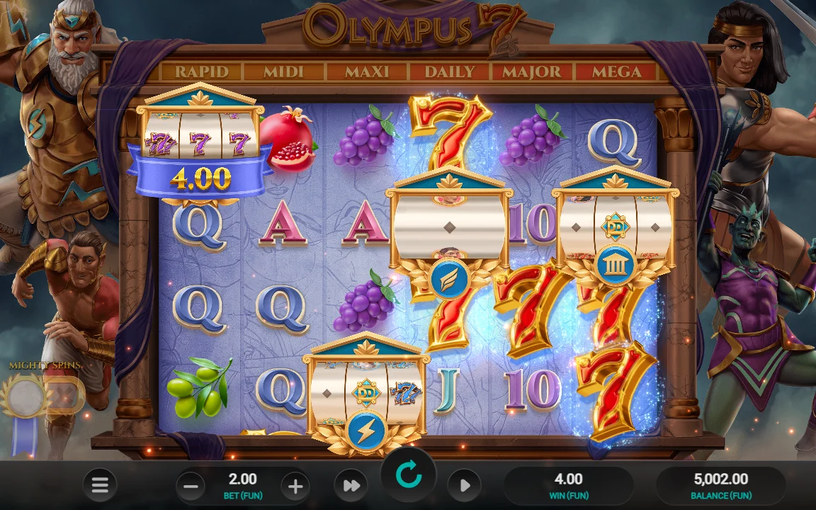 Gevinstrunde i Olympus 7s med tre tempel-symboler på hjulene