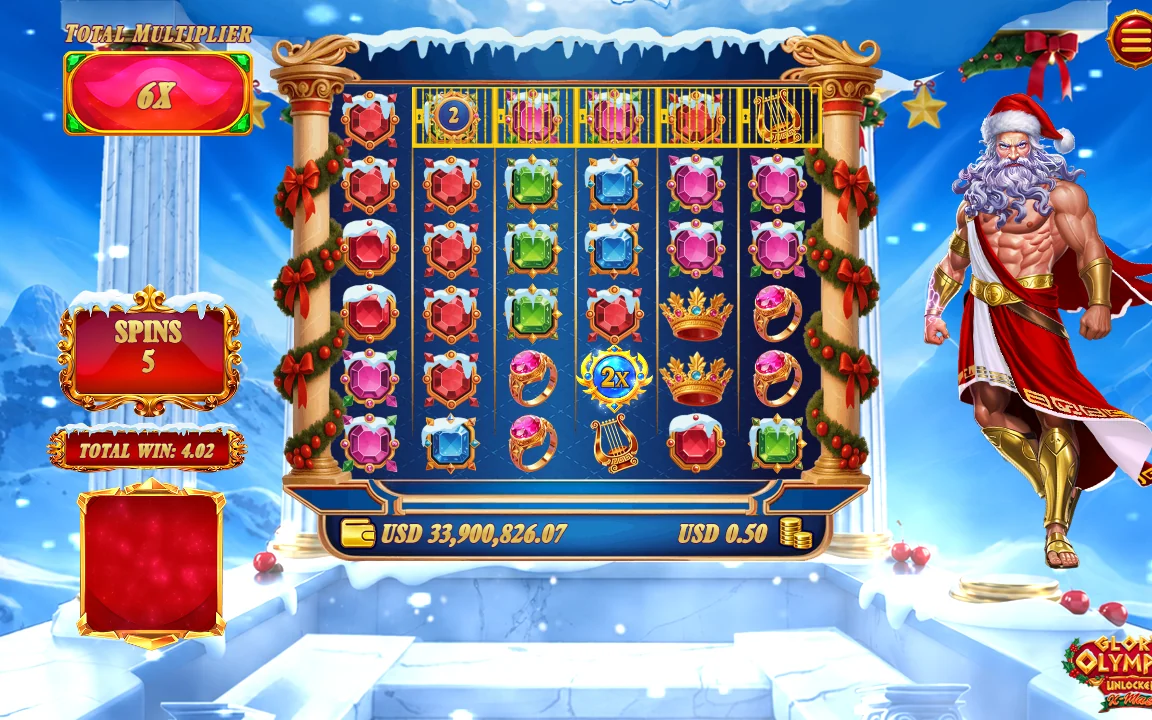 Free spins i Glory of Olympus Xmas med Total Multiplier 6X