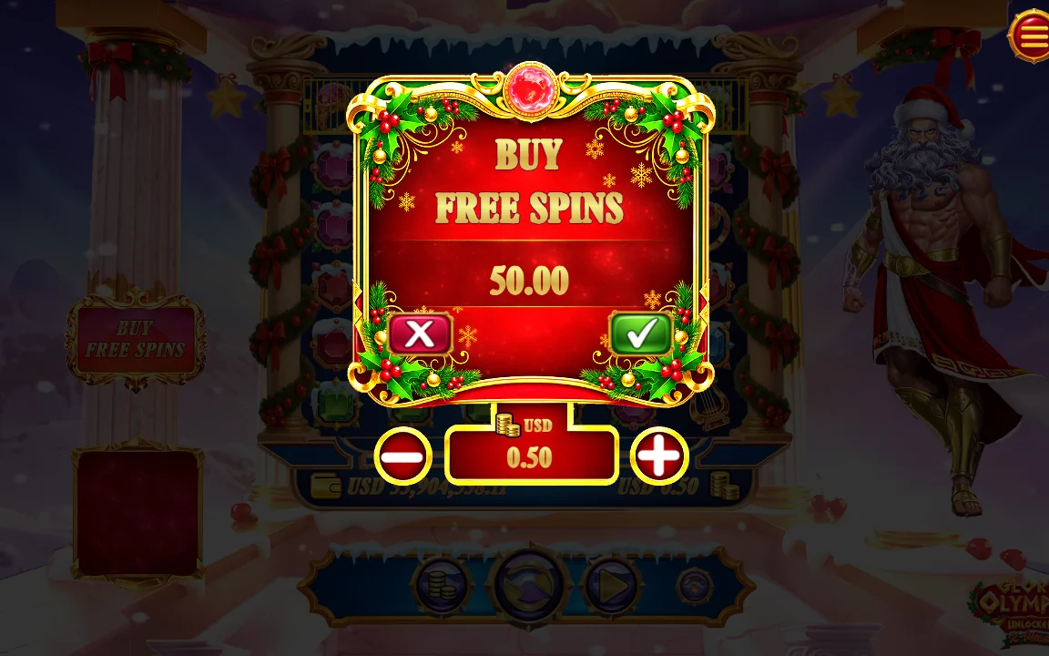 Købsvinduet for free spins i Glory of Olympus Xmas