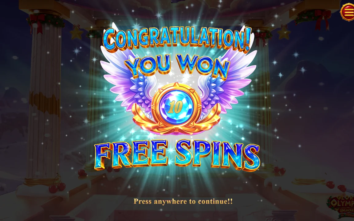 Skærmen der tildeler free spins i Glory of Olympus Xmas