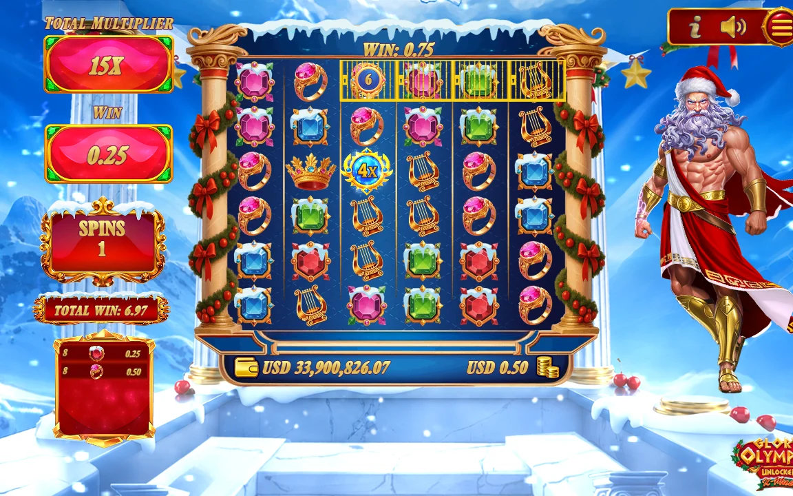 Sidste free spin i Glory of Olympus Xmas med Total Multiplier 15X