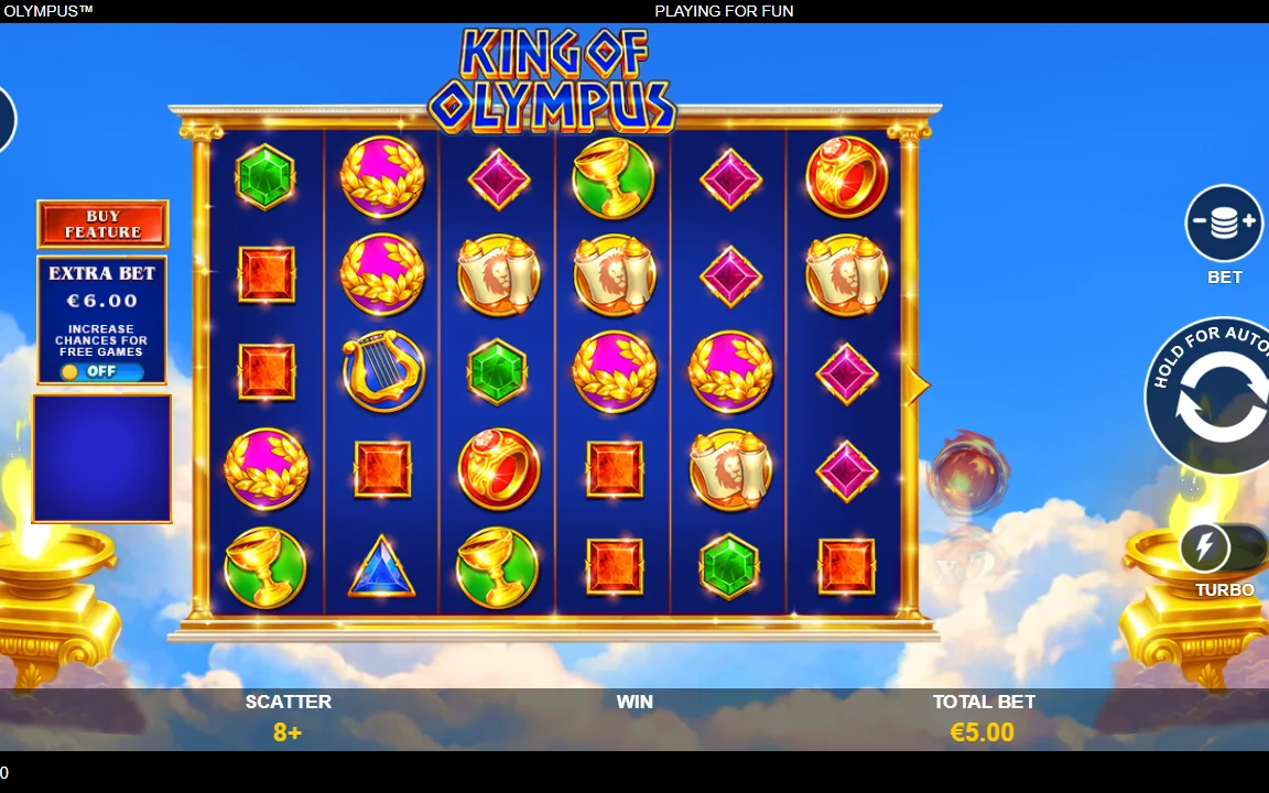 Basisspil i King of Olympus med 6x5 felt og Total Bet 5,00 EUR