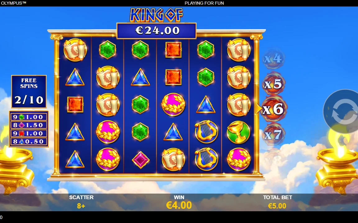 Free games i King of Olympus med stigende multiplikator x6 og 24,00 EUR i gevinst