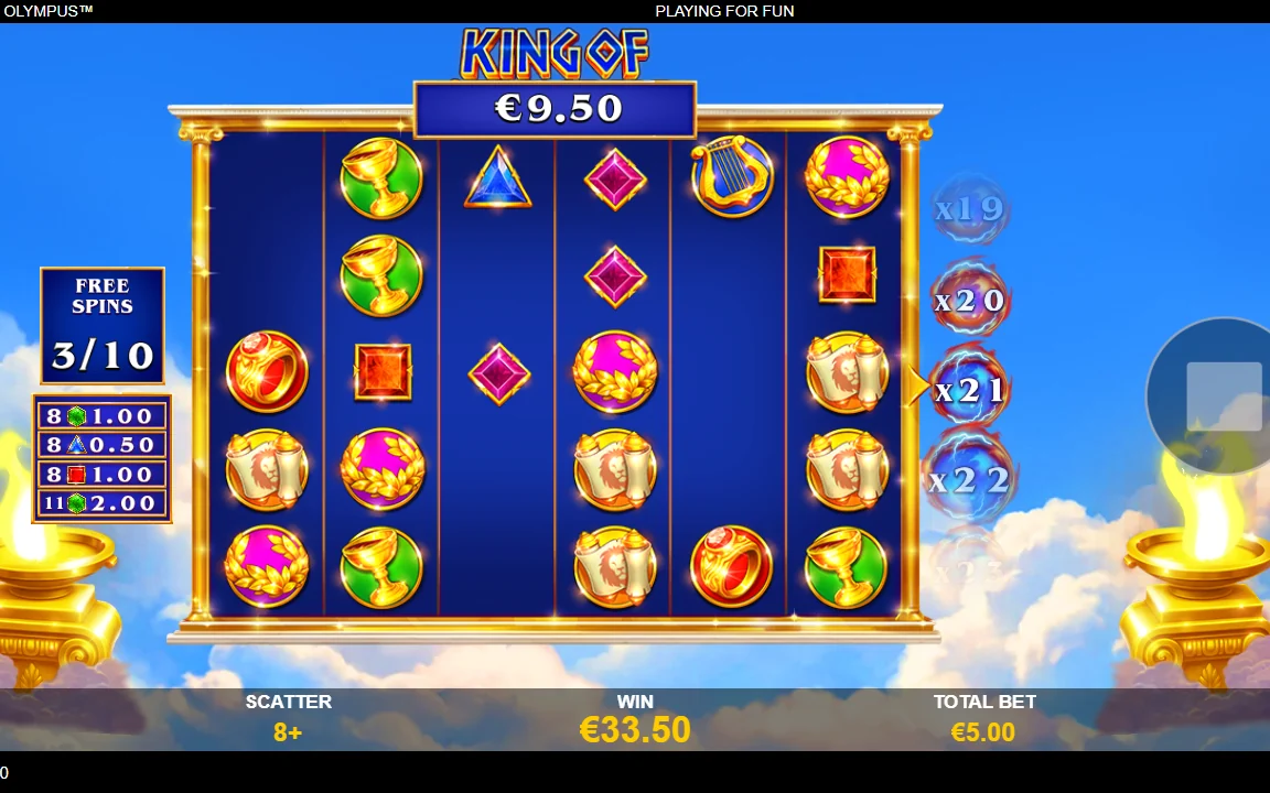 Multiplikatorstigen på x21 og 33,50 EUR i gevinst i King of Olympus