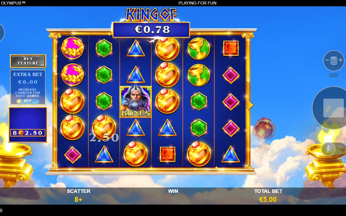 Gevinst på 0,78 EUR i King of Olympus med otte ringe til 2,50 EUR