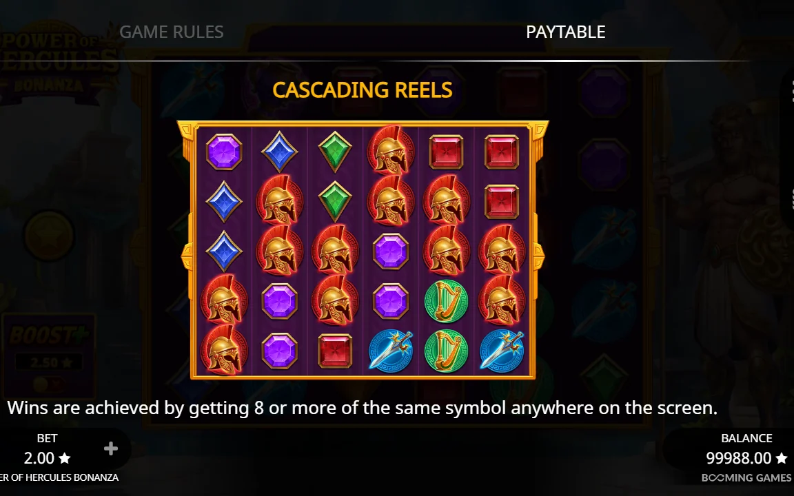 Reglepanel for cascading reels i Power of Hercules Bonanza
