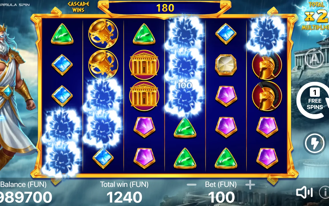 Free spins i Sky of Olympus med samlet gevinst 1.240 FUN og x2 multiplikator