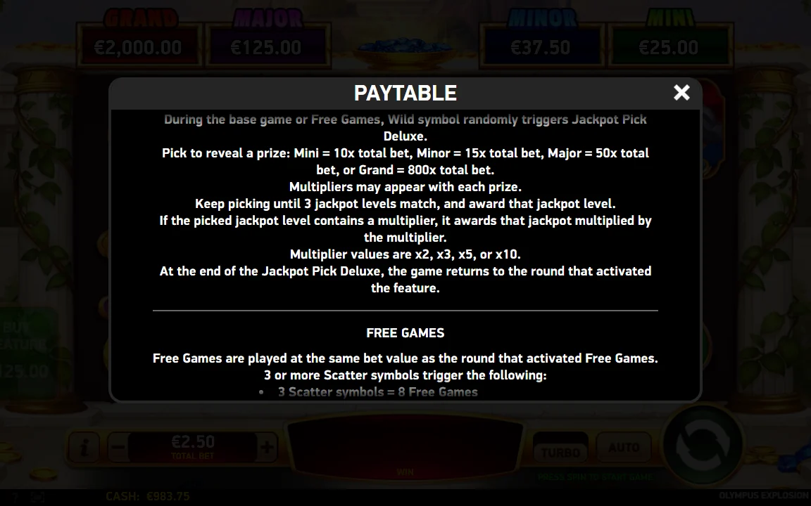 Regler for Jackpot Pick Deluxe i Olympus Explosion med Grand på 800x indsatsen