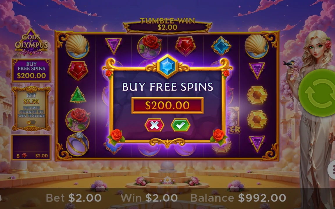 Køb af free spins til 200,00 USD i Gods of Olympus Aphrodite