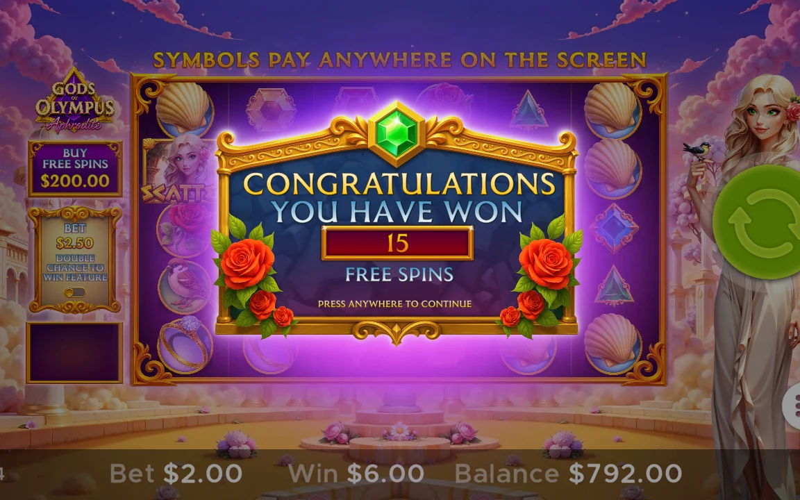 Bekræftelse på 15 free spins efter køb i Gods of Olympus Aphrodite