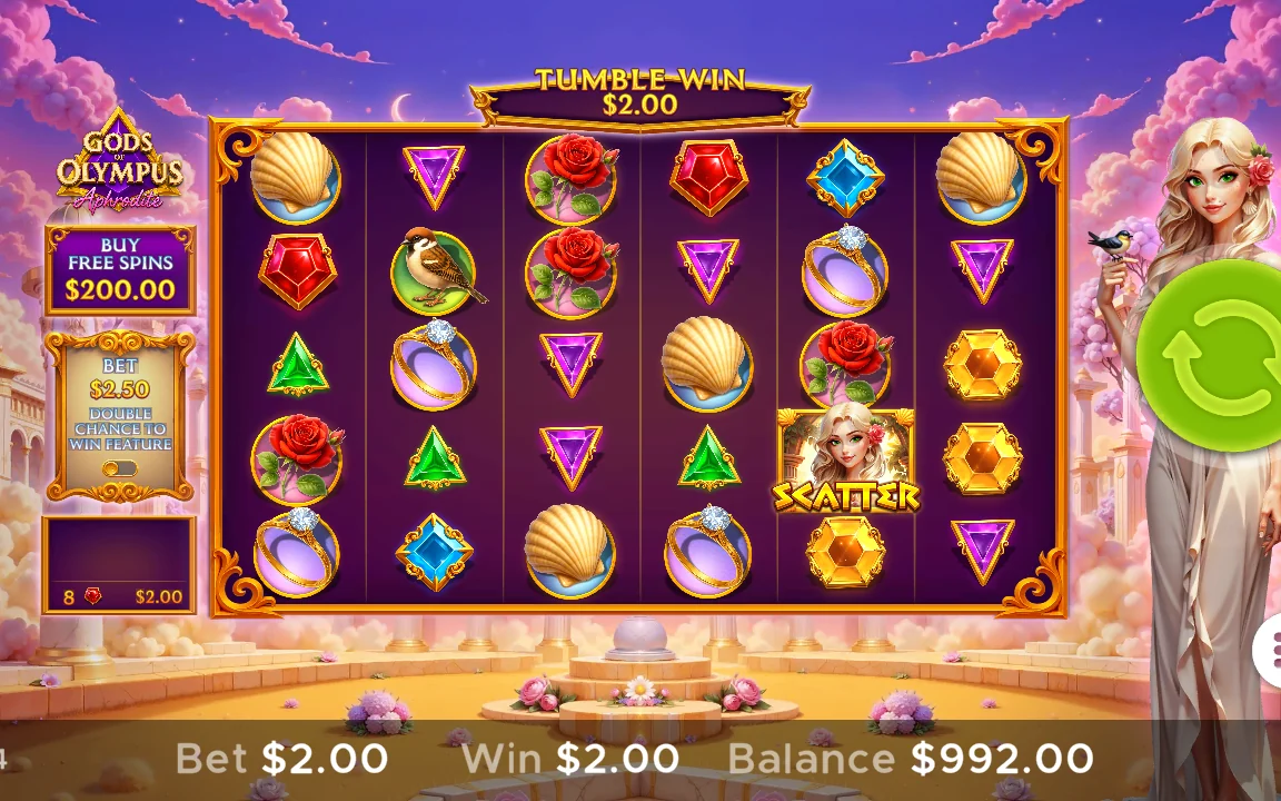 Tumble-gevinst på 2,00 USD i Gods of Olympus Aphrodite