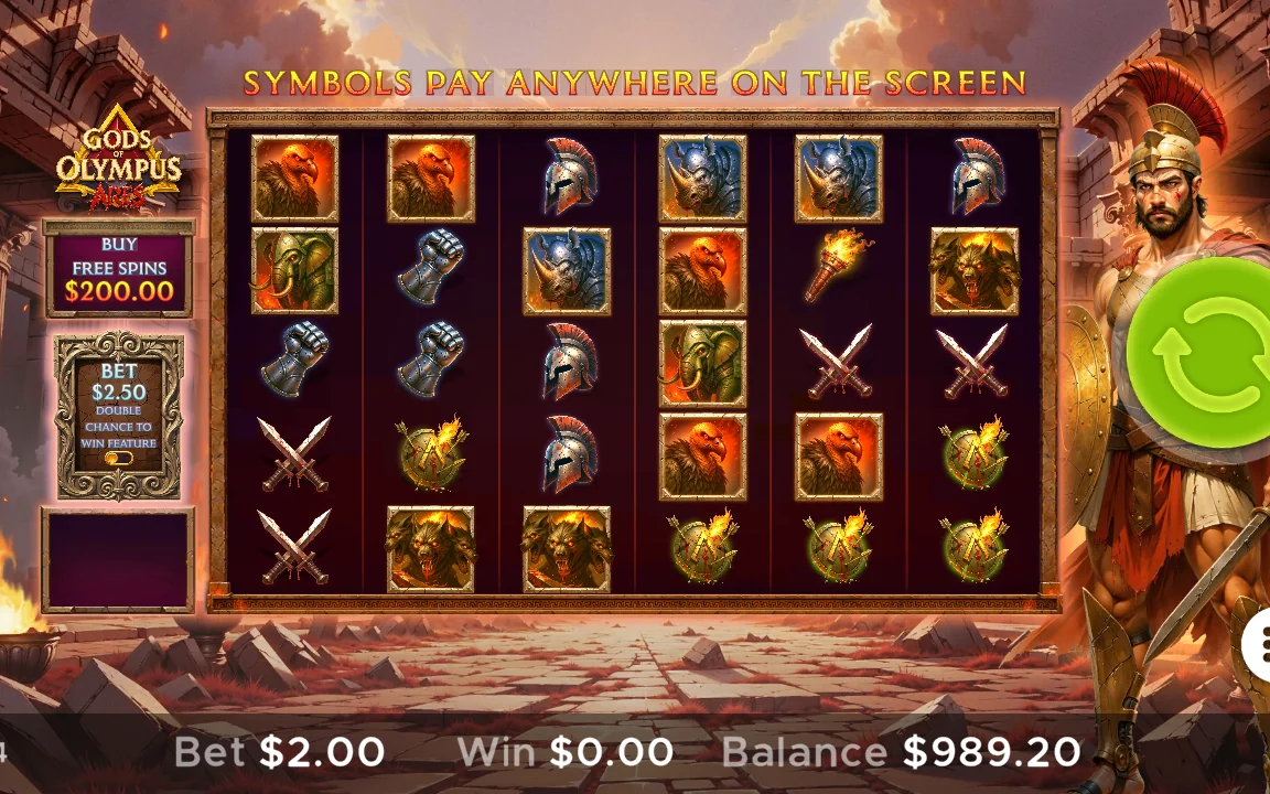 Basisspil i Gods of Olympus Ares med 6x5 hjul og Bet 2,00 USD