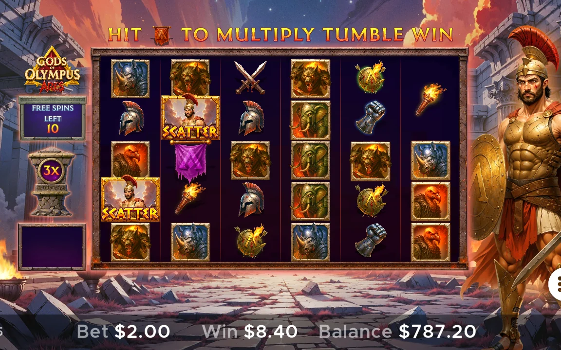 Free spins i Gods of Olympus Ares med 3x multiplikator og 10 spins tilbage