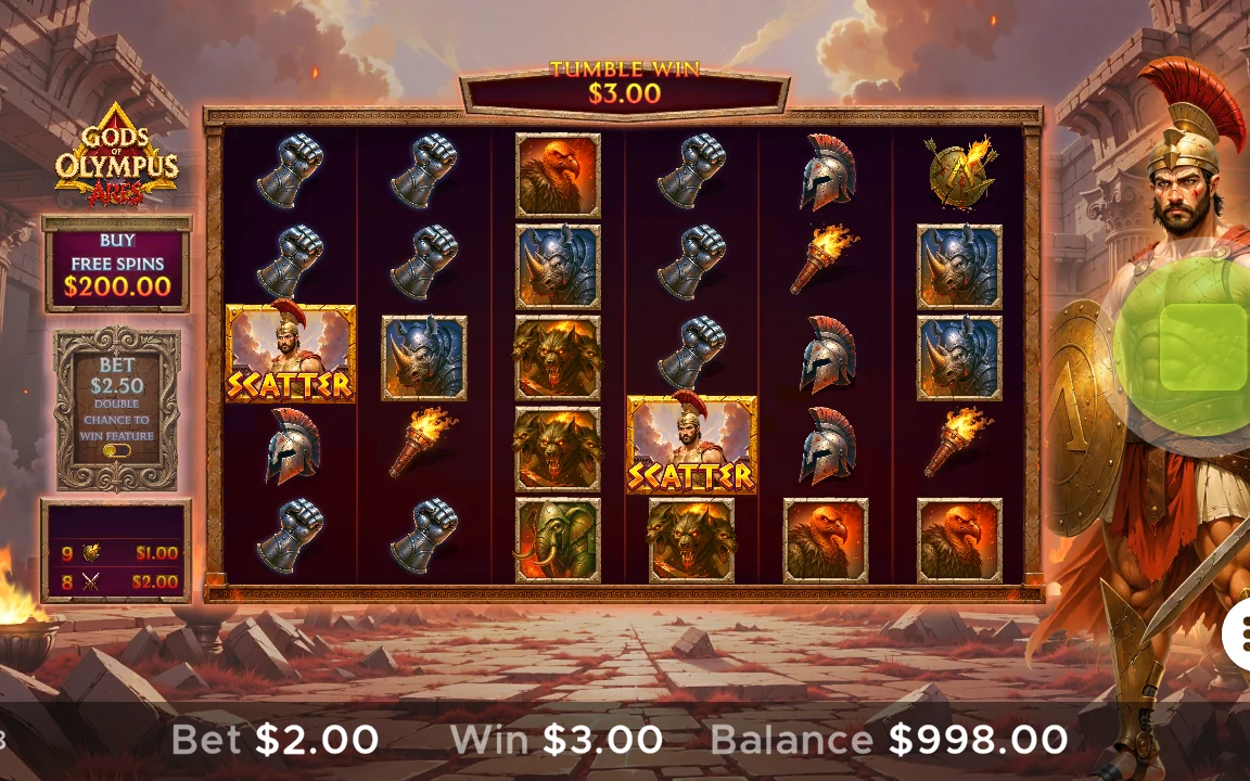 Tumble-gevinst på 3,00 USD i Gods of Olympus Ares