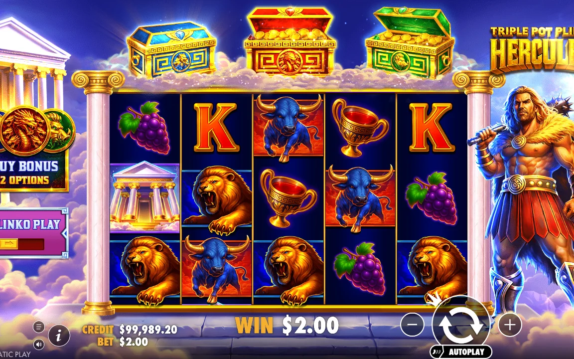 Grundspil i Triple Pot Plinko Hercules med de tre potter og Hercules-Wild
