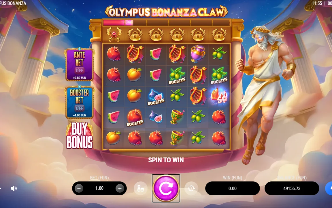 Grundspillet i Olympus Bonanza Claw med Ante Bet, Booster Bet og Buy Bonus i sidepanelet