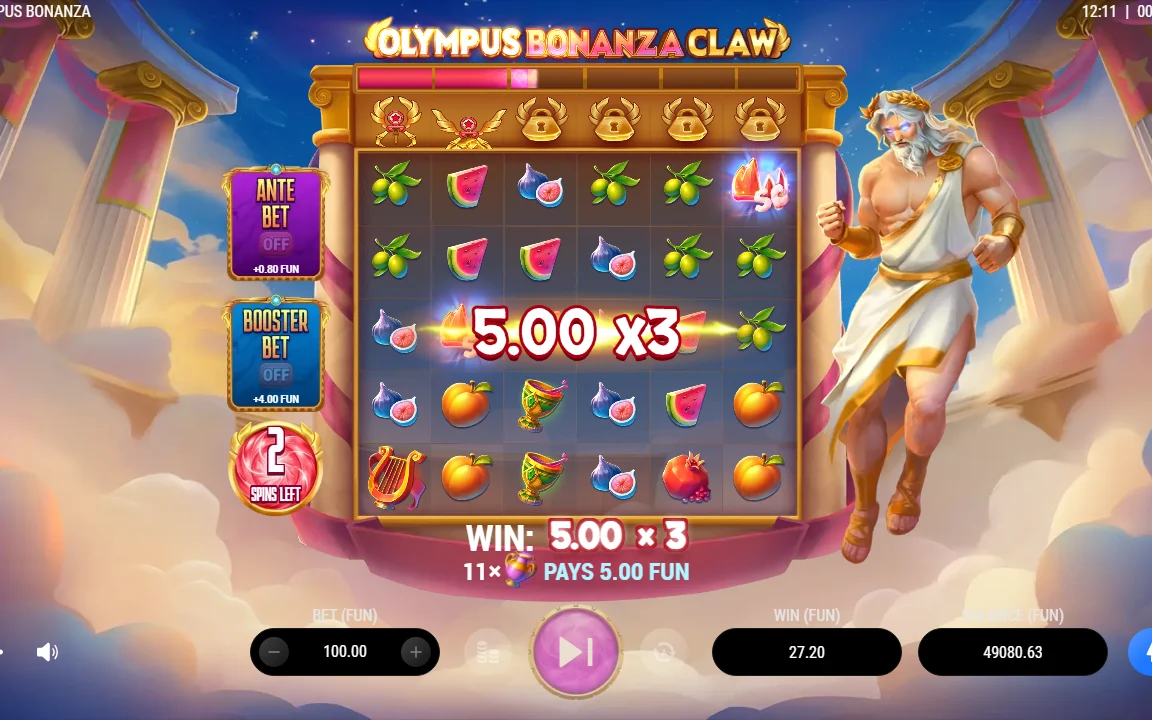 Free spin i Olympus Bonanza Claw med gevinsten 5,00 gange multiplikator x3